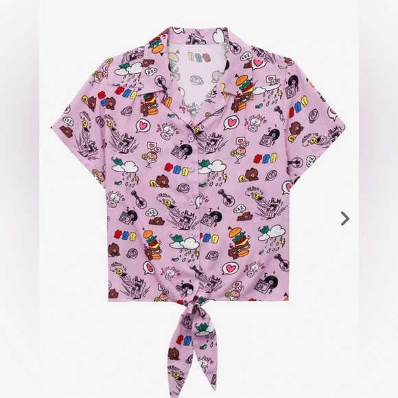 Line FRIENDS BROWN & FRIENDS Allover Print Women's Tie-Front Woven Top - Picture 1 of 6